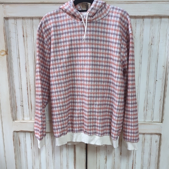 Topman, shades of Gray and muted rust checked fleece hoodie. Large - Picture 1 of 7